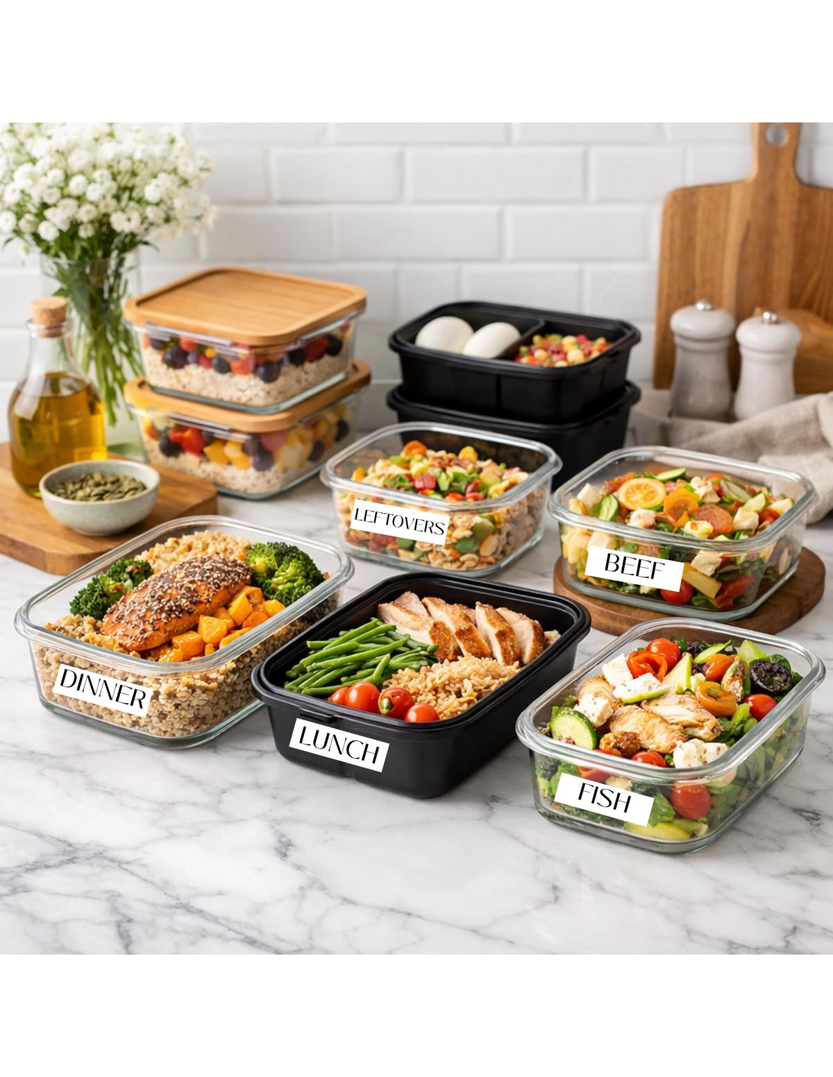 Organized meal prep workspace with labeled containers and chopping board