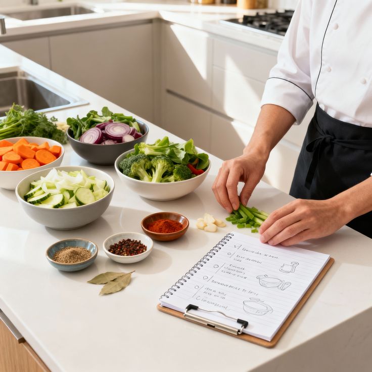 Home cook preparing vegetables on a cutting board with stainless steel pans nearby