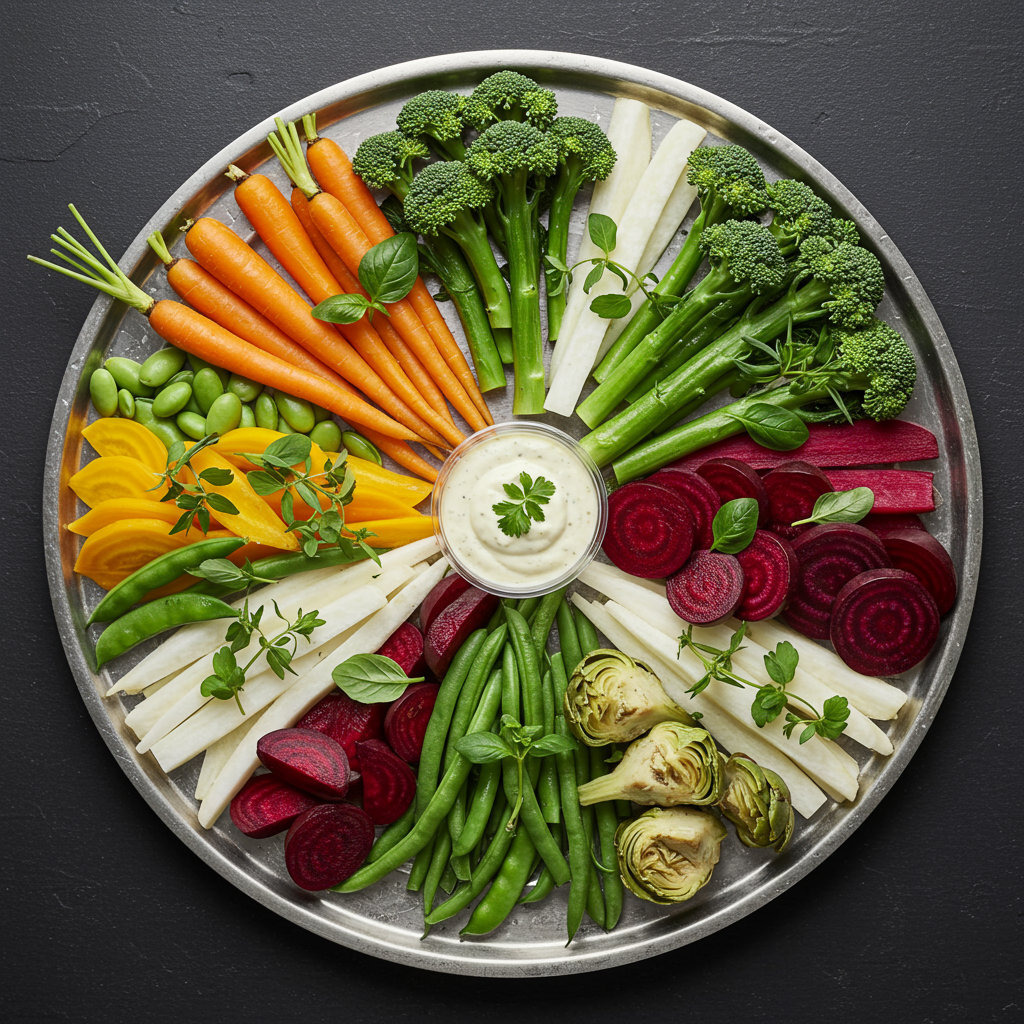 Fresh seasonal vegetables and herbs arranged for meal preparation